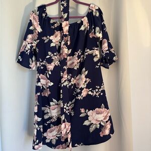 Floral Dress With Tie - Navy and Pink
